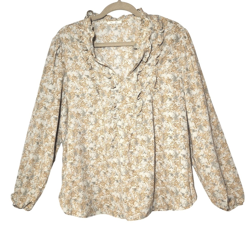 Pleione Abstract Ruffle V-Neck Blouse Long Sleeve Gray Brown XL Cottagecore Chic